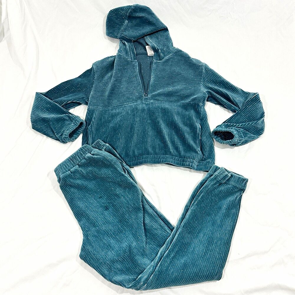 BCG Blue Corduroy Zip Hoodie & Pants 2 PC Set Girls L (12-14) Athleisure